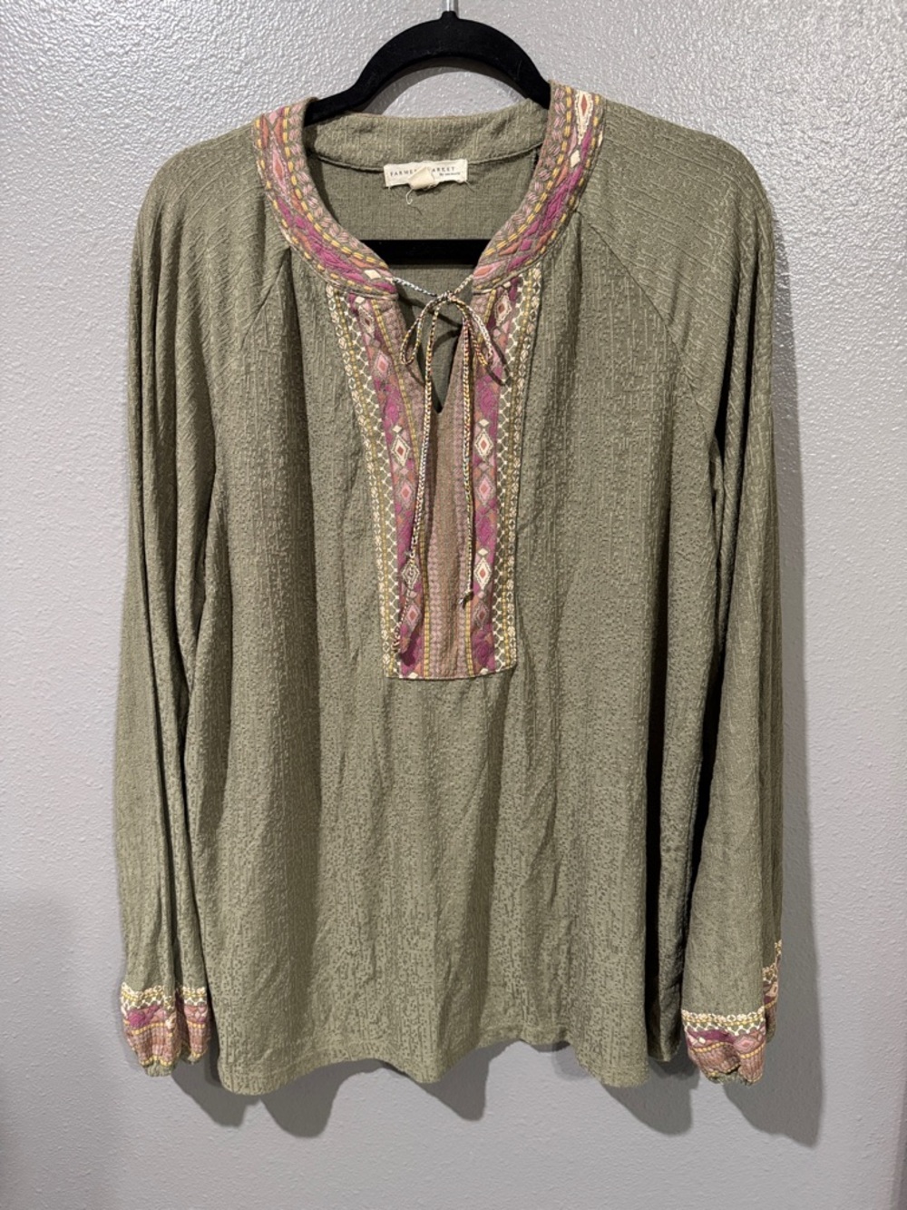 Embroidered Olive Peasant Tunic with Pink Trim